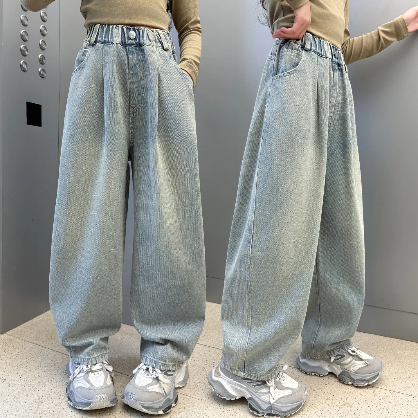 

Autumn Children Girl Denim Pant Retro Solid Color Versatile Kids Girl Straight Leg Pant Button Elastic Waist Teenager Girl Jean
