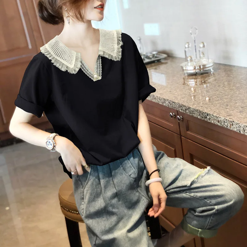 

Корейский топ свободного кроя с кружевными вставками и V-образным вырезом, черный, повседневный, летний