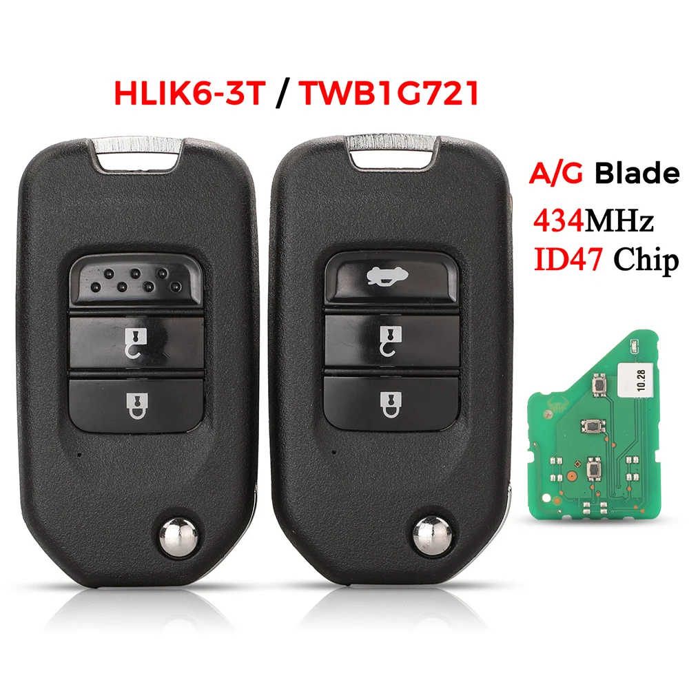 

Jingyuqin HLIK6-3T TWB1G721 чип дистанционного ключа 434 МГц ID47 для Honda Civic Accord City CR-V Jazz XR-V Vezel HR-V FRV A/G Blade 2/3B