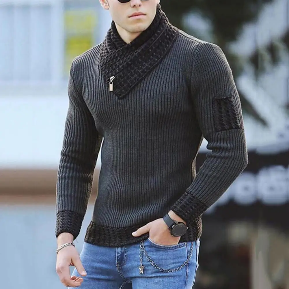 2025 MEN Knitted Sweater Long Sleeve Scarf Collar Men Sweater Color Block Slim Fit Casual Slim Fit V Neck Pullover Sweater