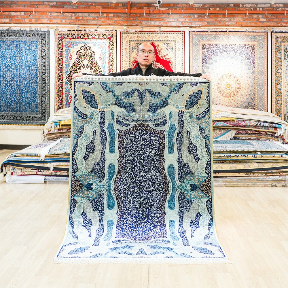 

Традиционный персидский шелковый ковер 122x183 см, синий, ручной работы, для декора дома