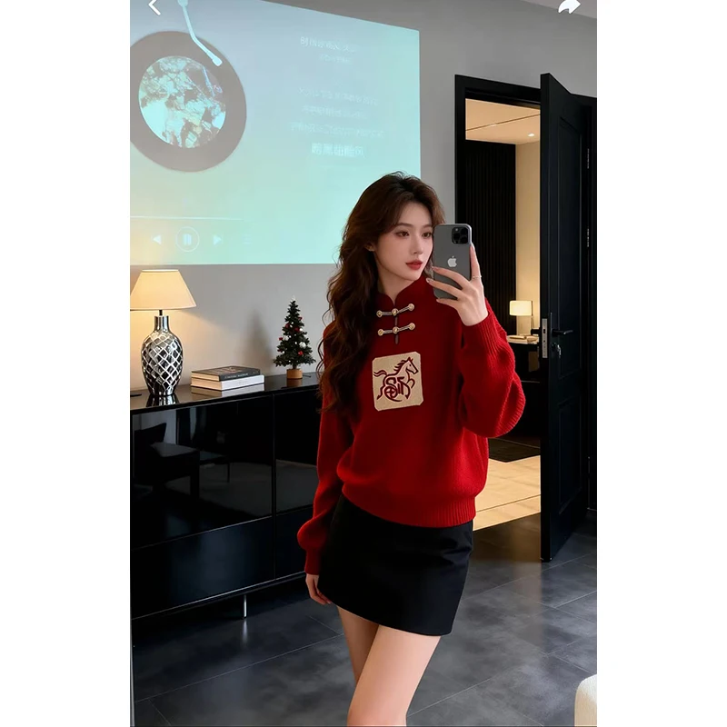 

Женский вязаный свитер на тему Cisas, красная аосфера, трикотаж с воротником-стойкой и воротником-стойкой