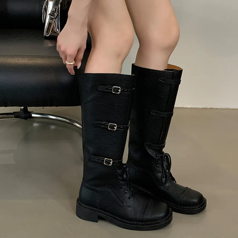 Riemgesp Smalle Band Veters Botas Mujer 2024 Tendencia Vierkante Neus Effen Kleur Leren Lange Laarzen Voor Dames Dikke Lage Hakken