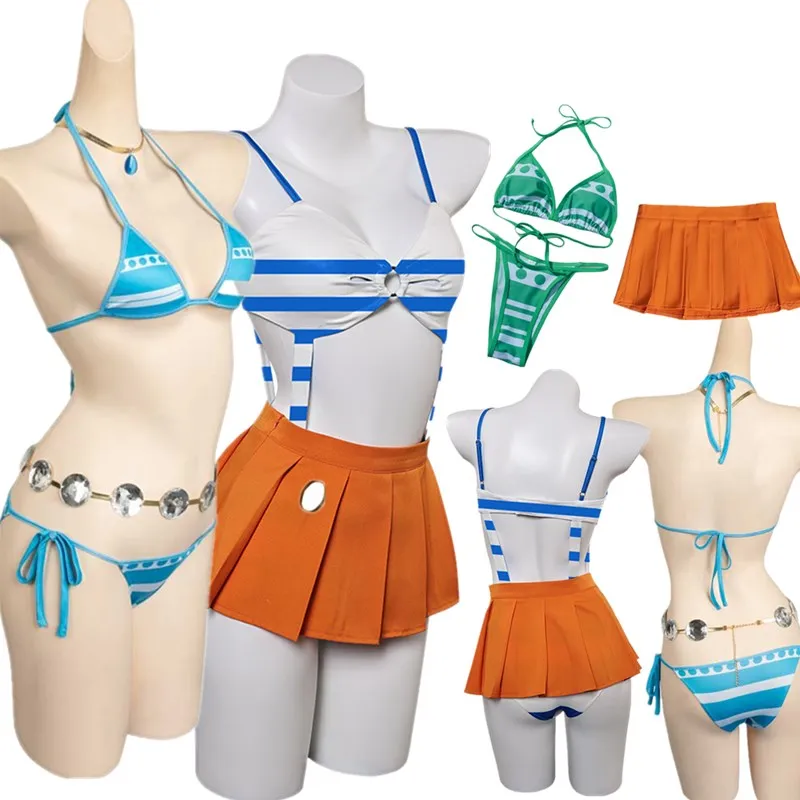 Traje de baño de Anime para mujer adulta, traje de Cosplay de Nami, Bikini Sexy, lencería, mono de playa, falda, trajes de fiesta de Carnaval de Halloween