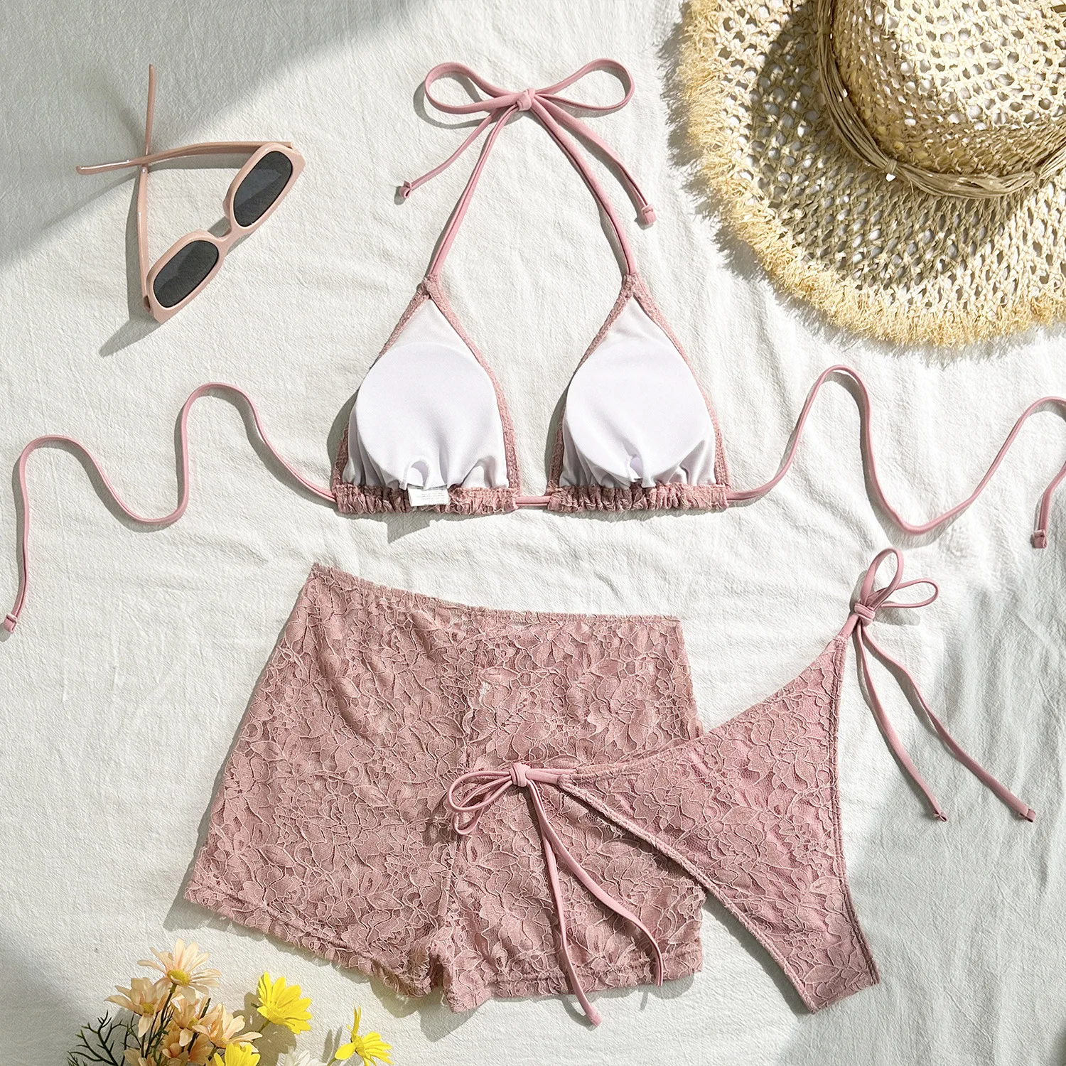 مثير الرسن التعادل البيكينيات مجموعات ثلاث قطع مع منظور الدانتيل السراويل المايوه بحر المايوه ملابس السباحة biquini Tankini