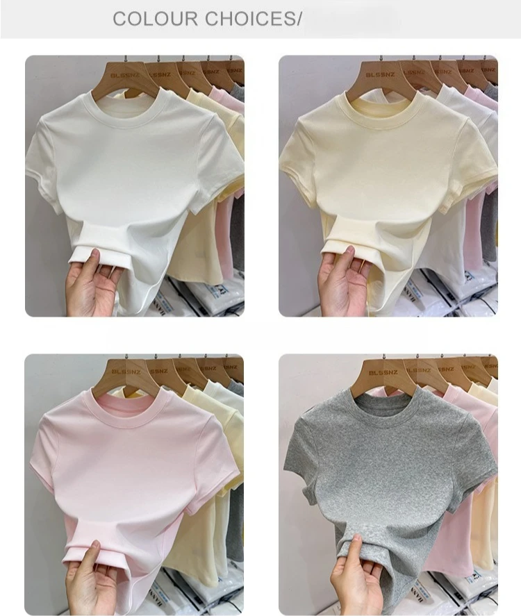 AOSSVIAO 2026 Summer Solid Color Women's Short Sleeve T-Shirt American Vintage Y2K Slim Basic O-Neck Tee Trendy Slim Fit Tops