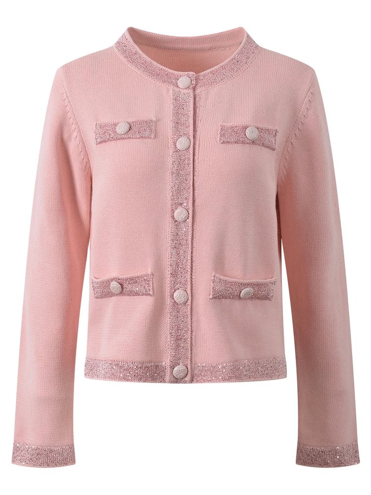 

Роскошный европейский вязаный свитер Long Sve, женский открытый кардиган, сверкающий милый свитер, антивозрастной цветной воротник