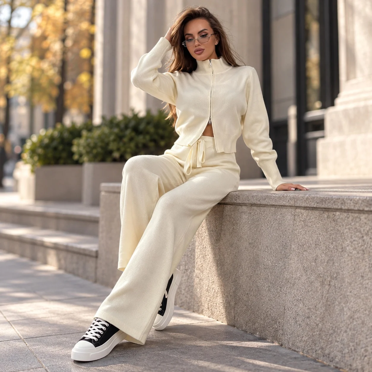 Long Sleeve Zipper Set Full Length Elegant with European and American Style Full Length Pants Autumn Street Women Winter Set