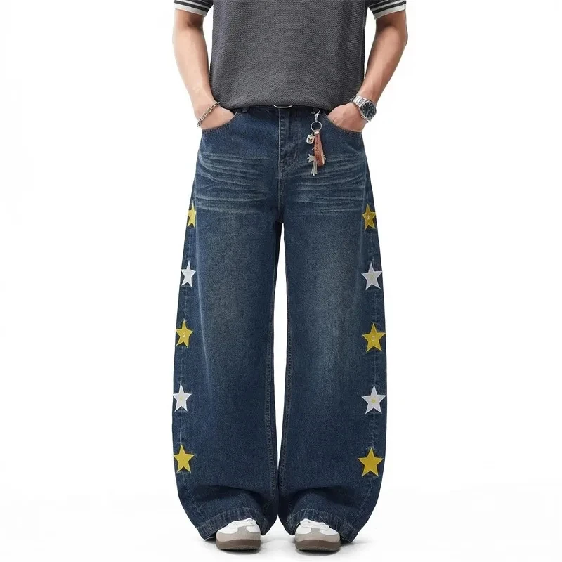 

Spring Summer Men's Baggy Jeans American Casual Minimalist Star Embroidery Vintage Wash High End Streetwear Denim Pants