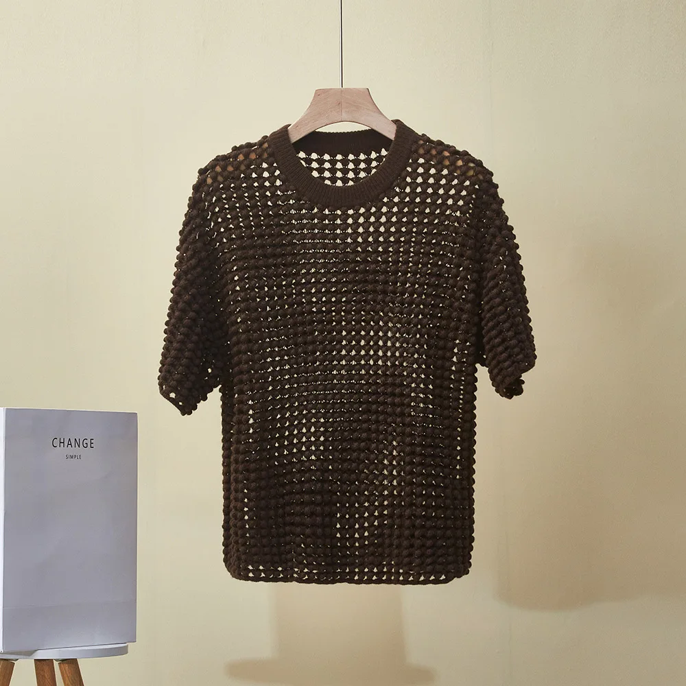 

Женский осенний новый шерстяной топ с круглым вырезом, свободный повседневный вязаный шерстяной топ с пайетками и коротким рукавом