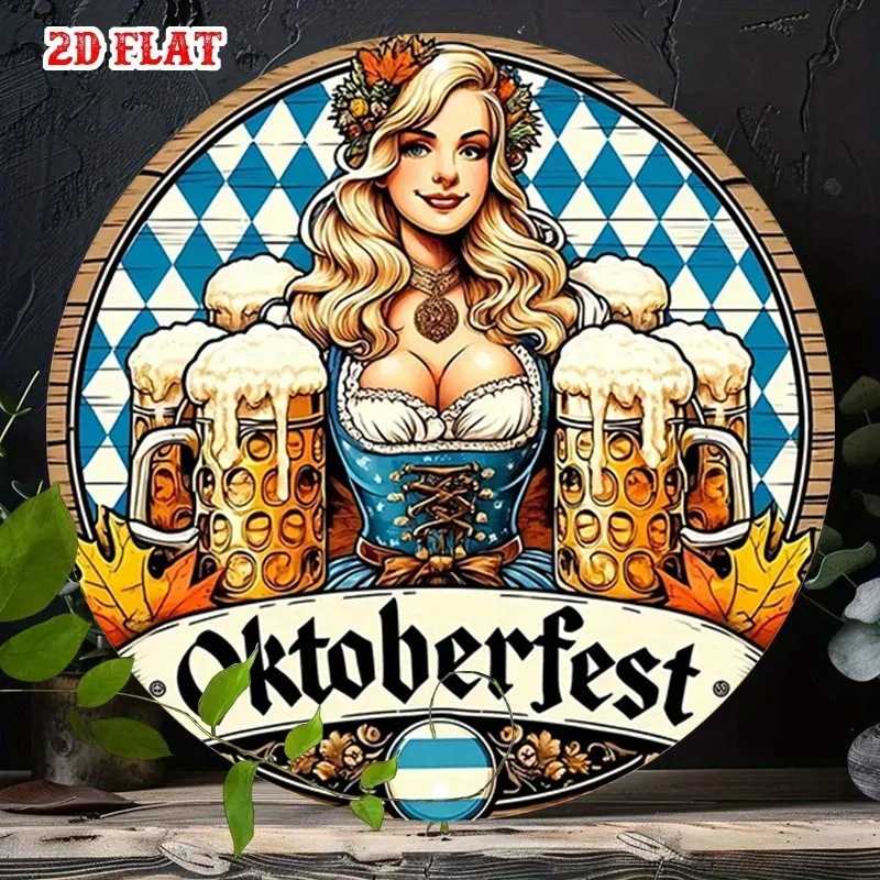 2D flach, 1 Stück Oktoberfest bayerische Frau Metallwanddekoration – traditionelles deutsches Biermädchenschild mit Tasse, blaue und weiße Oktoberfés