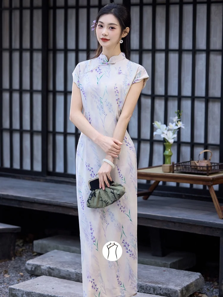 

Потрясающее длинное фиолетовое ципао в винтажном стиле для девушек, красивое китайское платье с цветочным узором