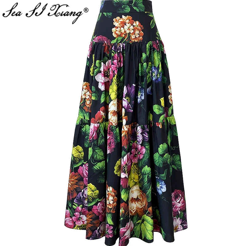 

Seasixiang Fashion Designer Spring Sicily 100% Cotton Skirt Women High Waist Flowers Print Bohemian Long Skirt