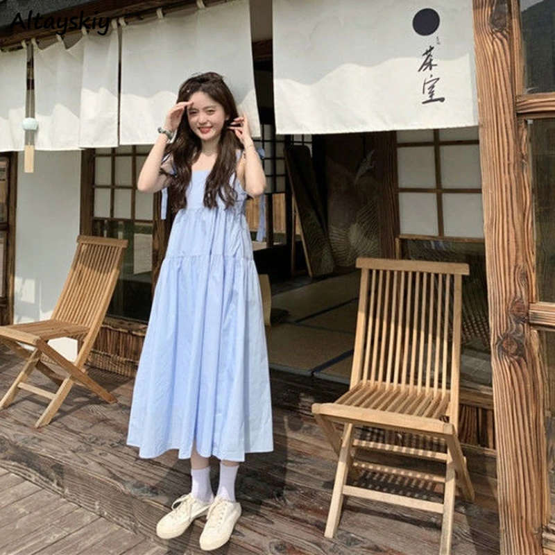 Sleeveless Dress Women Pure Color Maxi Bandage Preppy Sweet Simple Loose-waist College Leisure Korean Style Fashion Summer Ins