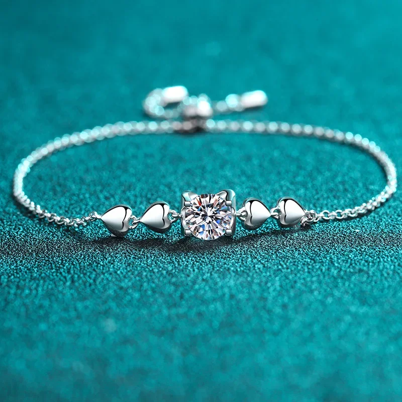 

1.0ct Moissanite S925 Sterling Silver Bracelets for Women Plated Pt950 Heart Shaped O-chain Lover's Gift Jewelry Wholesale