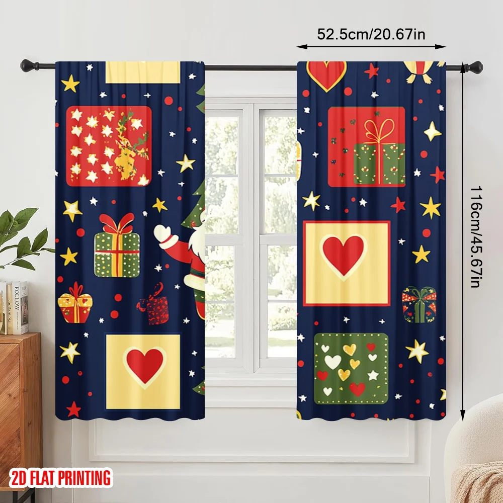 2pcs,2D plane printing Window Curtain Christmas Tree Santa Gift Stars (3) Versatile 100% Polyester (without rod) Home Decor for