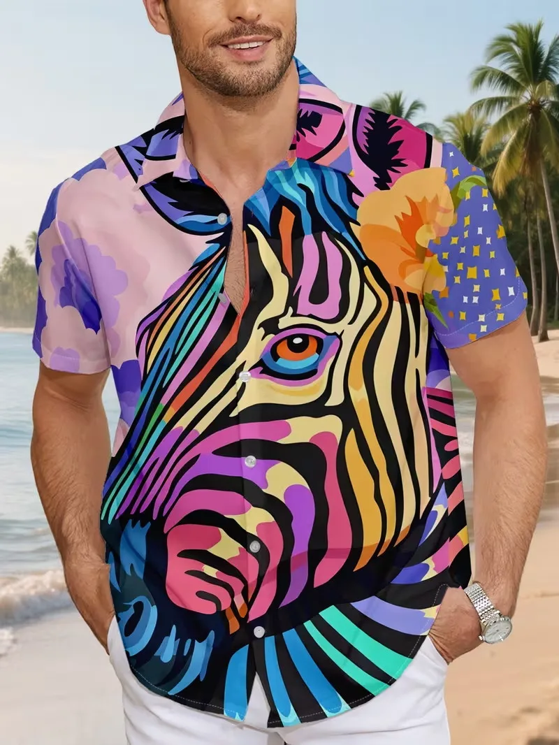 

Men's 3D Zebra Tropical Leaf Print Hawaiian Shirt Casual Short Sleeve Button Down Shirt Summer Beach Vacation Aloha Shirts Top