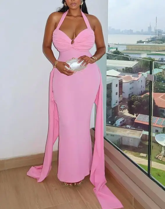 

Women's Dress Summer Sexy New Style European and American Spicy Girl Style Deep V-Neck Metal Ring Hanging Neck Hip Hugging Dress