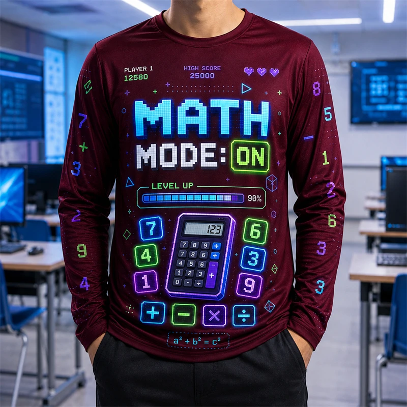 Long Sleeve T Shirt Men Math Mode On Gaming Style Calculator 3d Print Round Neck Tee Back To School Casual New Tops Kids Unisex