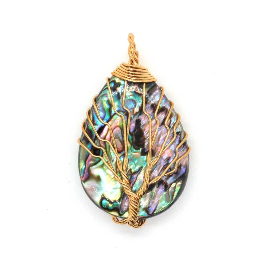 Wire Wrapped Tree of Life Pendant Natural Paua Abalone Shell Drop Round Oval Pendant Earring Necklace Jewelry Making Accessories