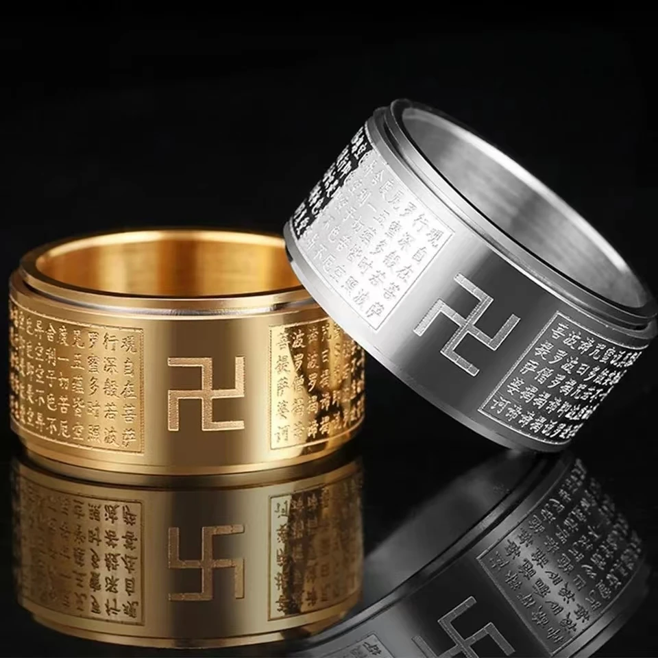 Stainless Steel Rotatable Buddhism Men's Fidget Ring Spinner with Heart Sutra Design Classic Believer Jewelry for Anxiety Relief