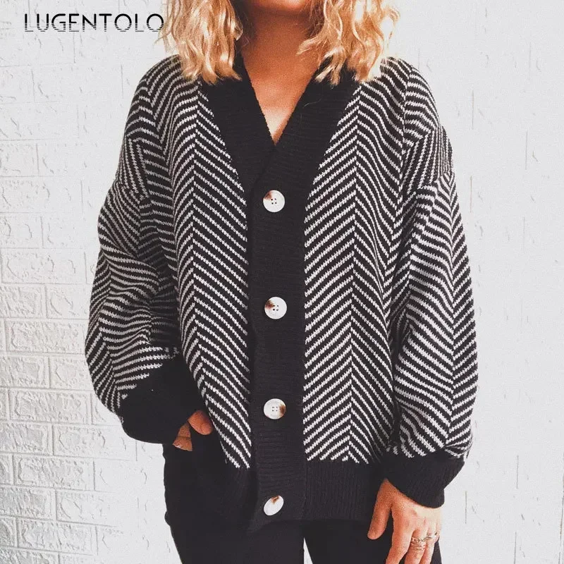 Women Stripe Loose Sweaters New Single-breasted Knitted Autumn Female Casual V-neck Elegant One Saize Short Cloth