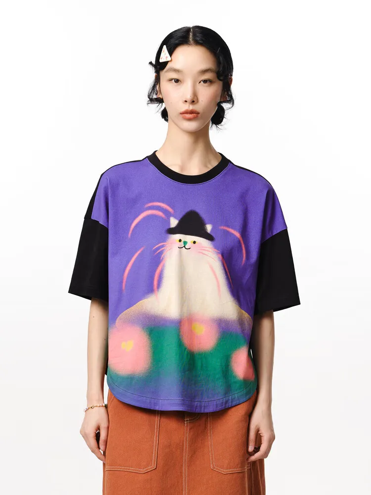 

MOVEUP Short Sleeved Round Neck Top Autumn Drop Sleeves Contrasting Cartoon Print Curved Hem Casual Top For Women 3EWQ10516