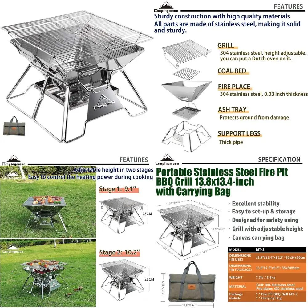 

Портативная походная печь из нержавеющей стали со складными ножками, для сжигания дров и угля, идеально подходит для кемпинга и приготовления пищи на открытом воздухе, 14 дюймов, модель B