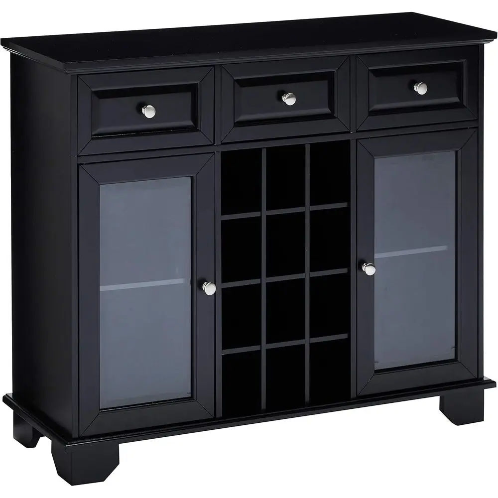 

12-Bottle Wine Rack Server Sideboard Cabinet, Metal Handles, 2 Cabinets, 3 Drawers, 4 Shelves, for Dining & Living Rooms, Black
