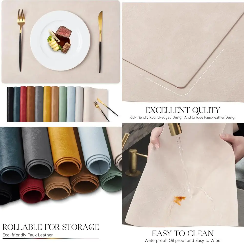 

Waterproof Faux Leather Placemats Set - 12 x 17 Inch, Oil-Proof, Wipeable, Heat Resistant, 100% Waterproof, Durable PU Mats for