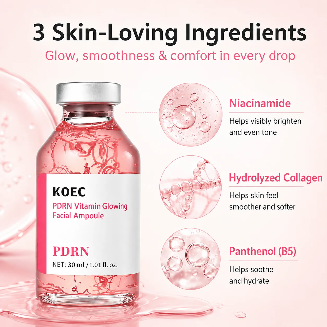 KOEC PDRN Vitamin Glowing Facial Ampoule with Collagen & Niacinamide Face Serum with Pink Collagen | Hydrating Glow Boost & Skin Smoothing Care, 1.01 fl.oz