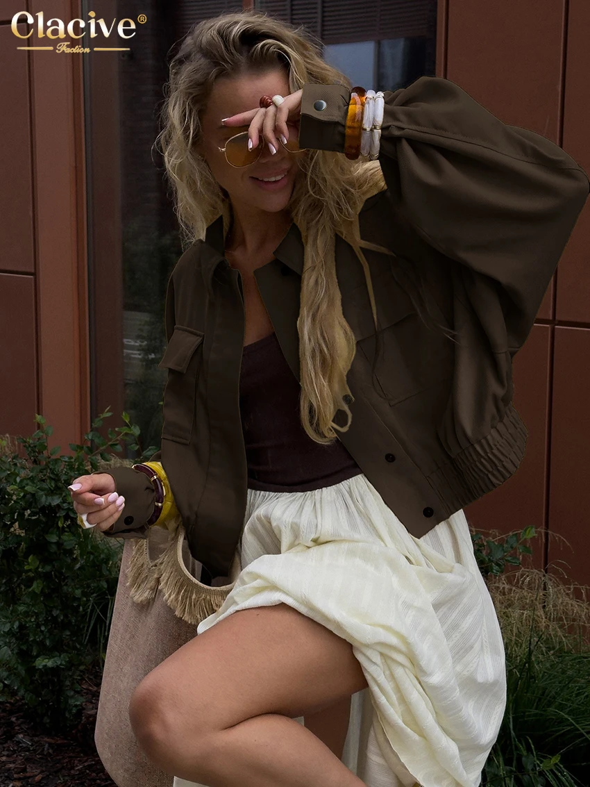 

Clacive модная свободная коричневая хлопковая женская рубашка элегантные классические рубашки с длинными рукавами с лацканами элегантный классический однотонный топ женская ткань