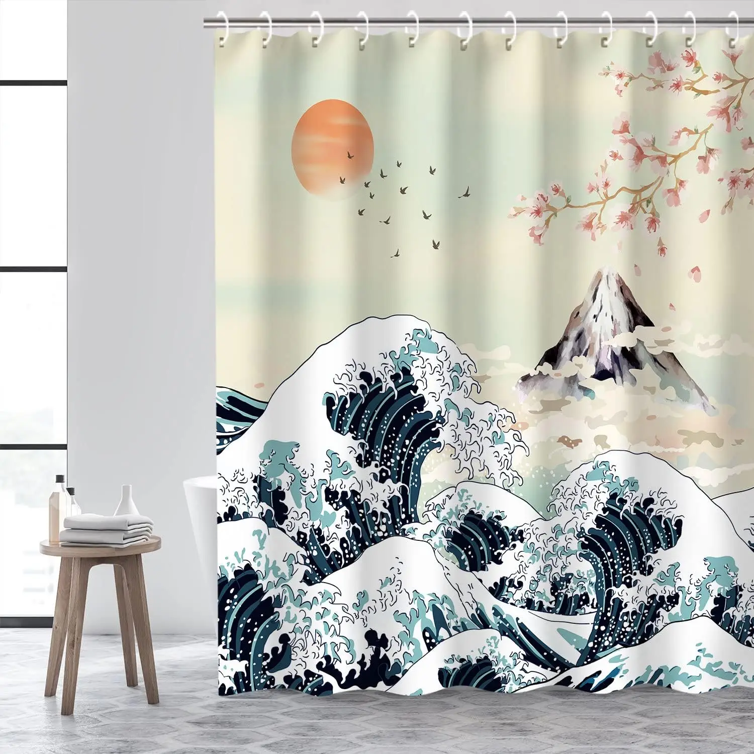 RosieLily Cortina de ducha ondulada japonesa, ganchos artísticos geniales, puesta de sol de montaña de anime para baño, decoración asiática para hombres, 72 ancho x 72 alto pulgadas