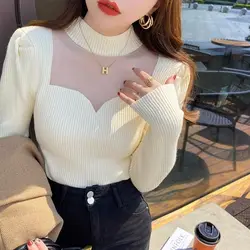 Sexy Sheer Mesh Patchwork Elegant Fashion All Match Basic Knitwear Women Half High Collar Solid Slim Pullover Top Female Jumpers