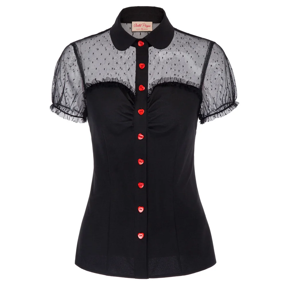 

BP Women's Short Sleeve Lapel Collar Red Buttons Mesh Fabric Patchwork Tops Lace Breathable Summer Tees Female Casual Blouses