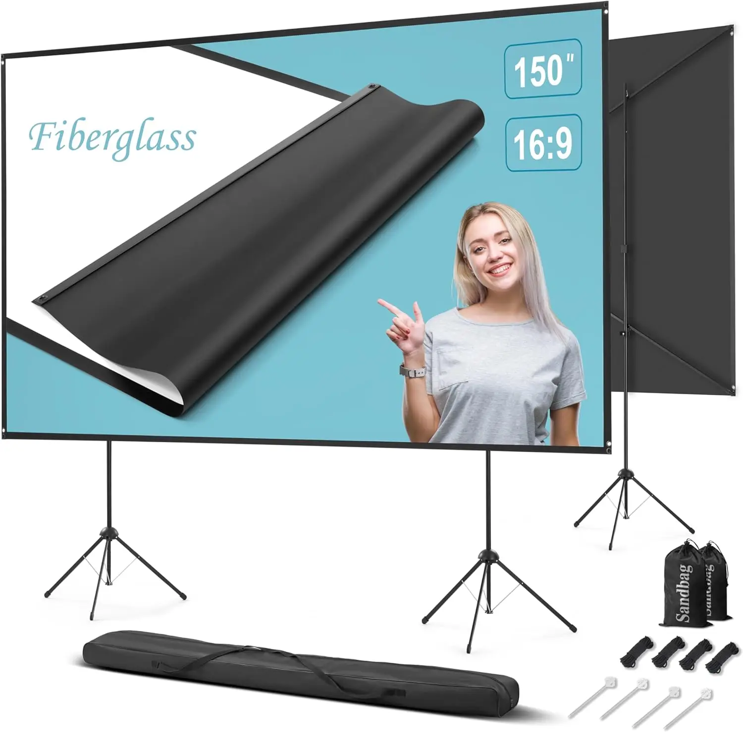 

150 inch Outdoor Projector Screen with Stand, 16:9 Portable Movie Screen, 1.5 Gain Fiberglass, Wind-Resistant for Backyard Party