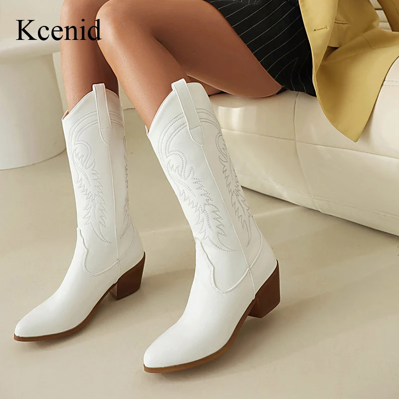 

Kcenid 2024 Fashion Embroidery Mid Calf Winter Western Boots Women Slip On Square Heel Ankle Boots For Women Plus Size 35-46