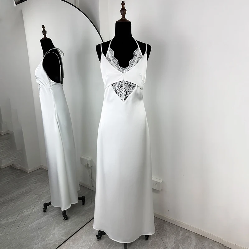 Abito lungo in pizzo di raso donna 2026 abiti da festa aderenti senza maniche sexy primaverili eleganti abiti da spiaggia con scollo a V senza schienale