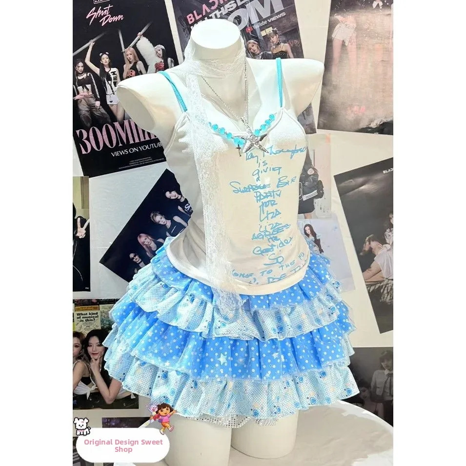 

Оригинальный дизайн: топ с принтом и бисерной цепочкой, пышная многоярусная юбка, летняя женская модная одежда.