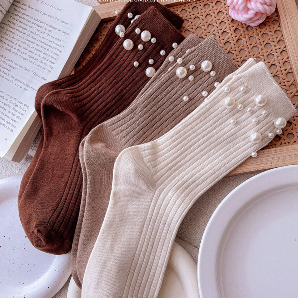 Personalized Beaded Socks Cotton Stacked Socks Pearl Decoration Fashion Simple Hosiery Solid Color Casual Hosiery Mid-tube