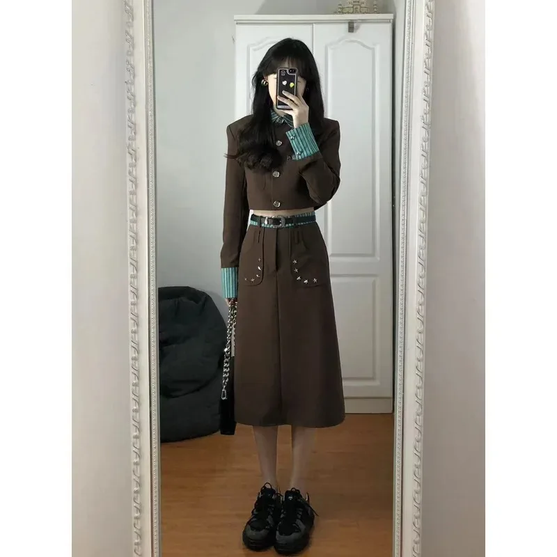 

UNXX Spring Autumn College Patchwork Long Sleeves Blazer Long Skirt Vintage Contrast Blazer Suits Belt Stud Skirt Two-Piece Sets