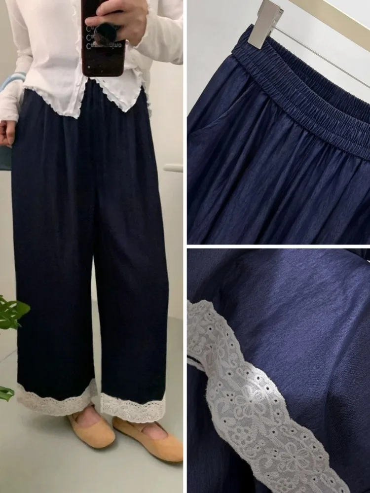Design Lace Patchwork Baggy Jeans Women's Jeans Wide Leg Pants Elastic High Waist Summer Straight Trouser Blue Denim Long Pants