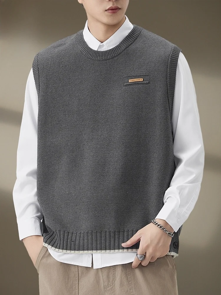 

round Ne Knitted Sweater Vest Men's Spring 2026 Trendy Casual Faion Outerwear Loose Fit Youth ular Pure Color