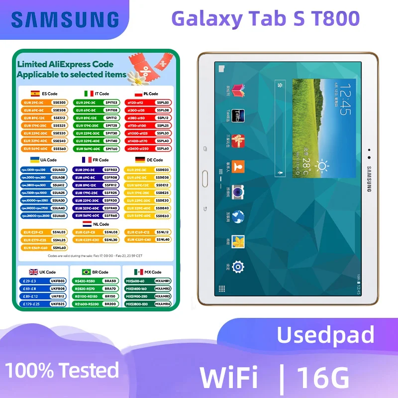 Samsung GALAXY Tab S T800 10.5inch  WIFI  2560x1600  7900mAh 8MP Camera Android  used pad