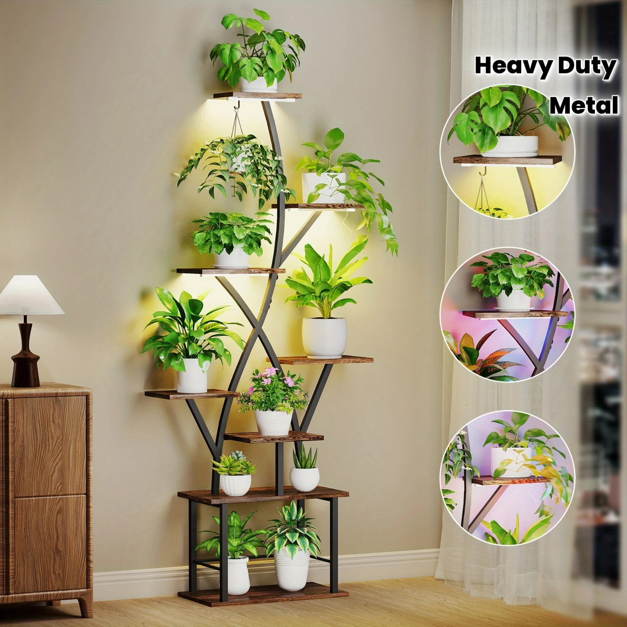 

Large 64" Tall 8-Tier Indoor Plant Stand with -Free Grow Lights (), Heavy-Duty Wood & Metal Frame,Mobile Wheeled -Standing Shelf