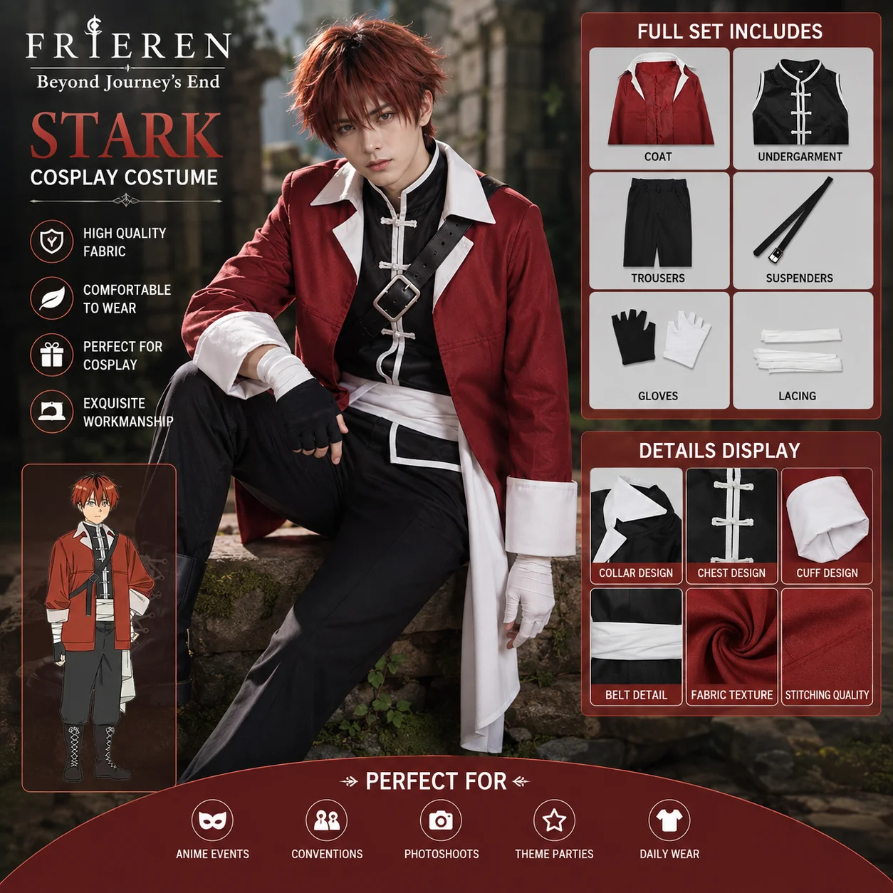 Frieren: Au-delà de la fin du voyage - Costume de cosplay Stark pour adulte, uniforme de carnaval, costumes de fête d'Halloween, déguisement de mascarade pour homme