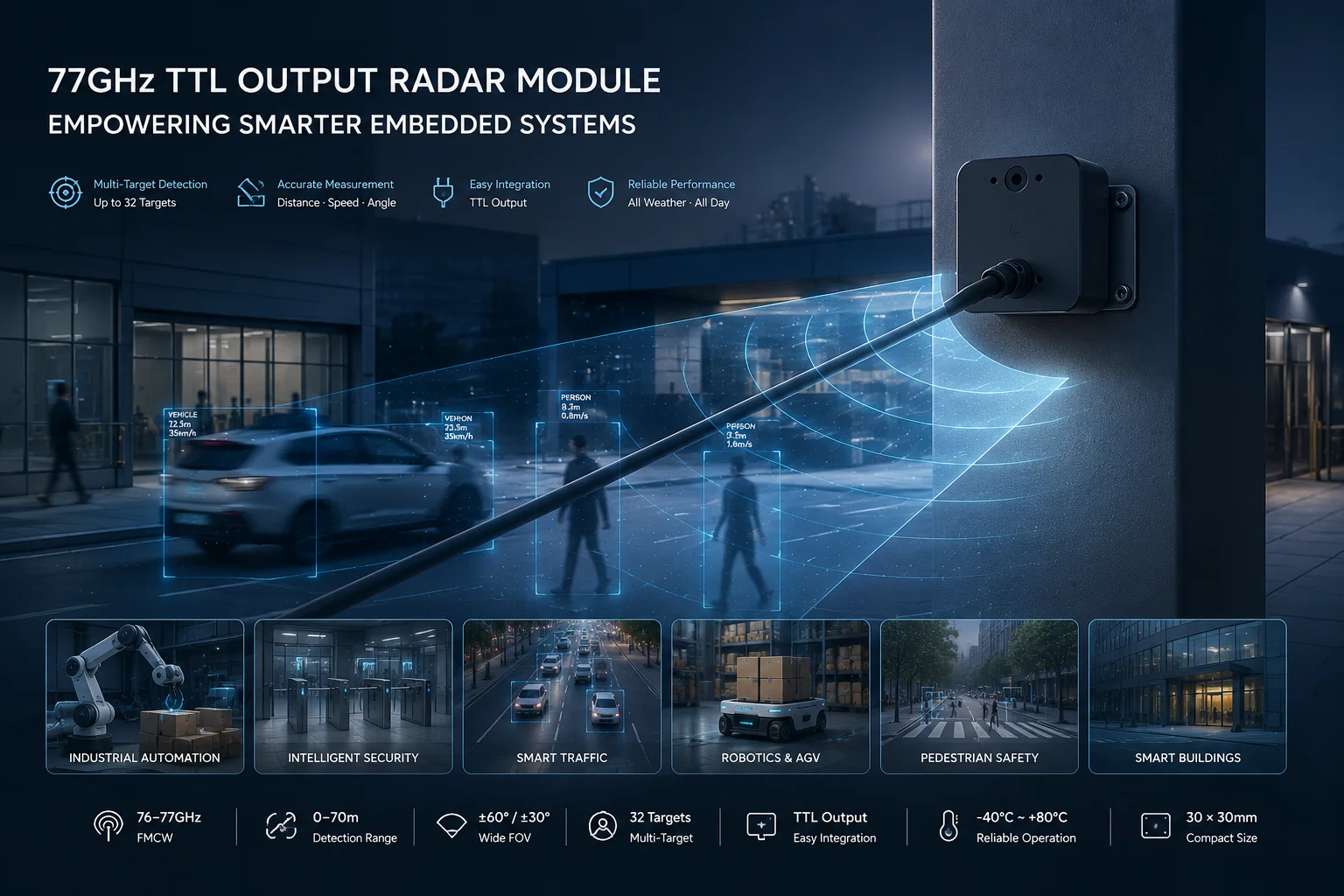 High Precision 77GHz Multi Target Sensor 70m Distance Speed Angle Detection TTL for Moving Object Tracking