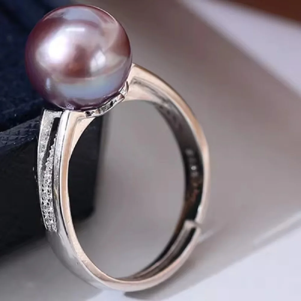 خاتم ساحر AAAA10-11mm خاتم من اللؤلؤ الأرجواني الطبيعي المستدير، خاتم فم قابل للتعديل من الفضة عيار 925 #2