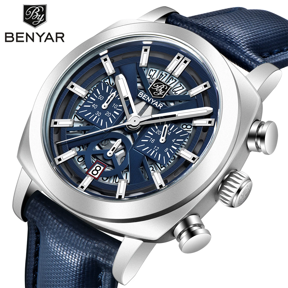 Benyar Design 2024 New Fashionable 43mm Luminous Dial Men's Quartz Watch 50m Anti Chronograph Men's Quartz Watch