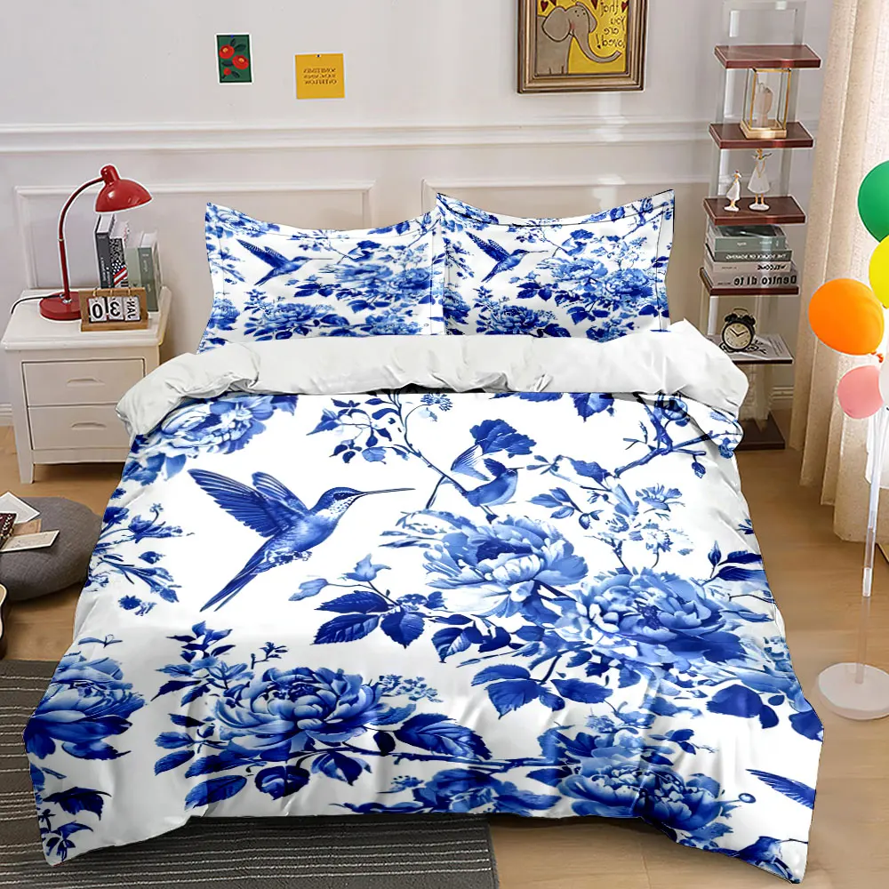 Blue Floral Bird Porcelain Design Pattern Duvet Cover Set Digital Print Colorful Polyester Bedding with Zipper Closur for gifts